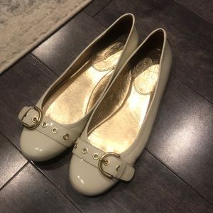 Coach cream patent leather belted flats